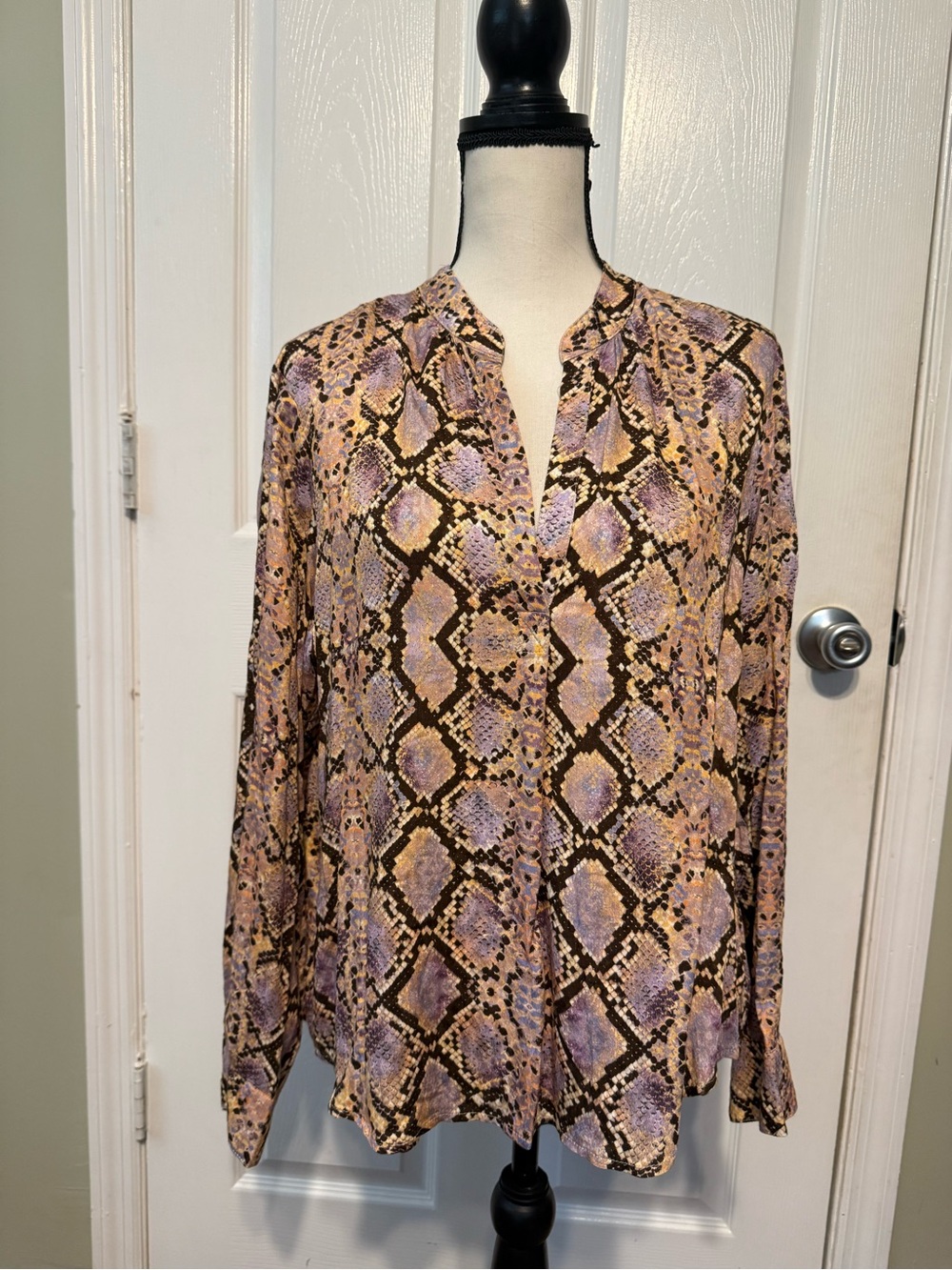 Chaser Lavender and Tan Snake-Print Long Sleeve Blouse